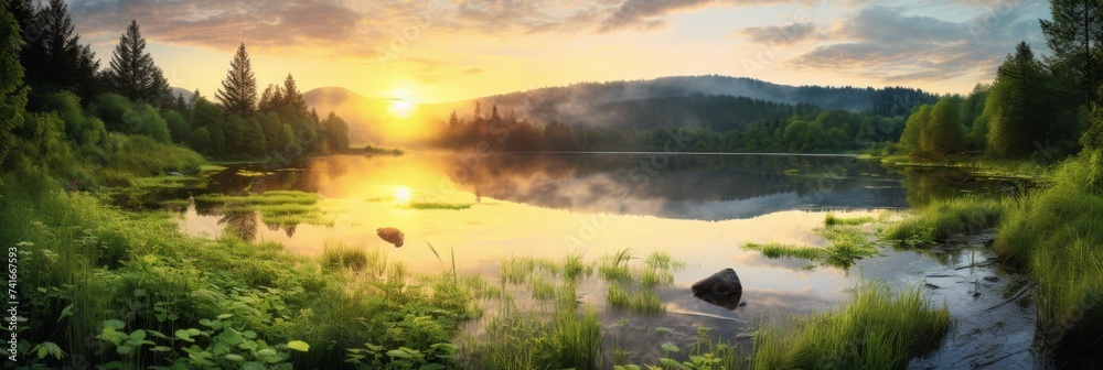 Tranquil scene of a panoramic landscape with sunset and sky over idyllic lake and river with reflection - obrazy, fototapety, plakaty 