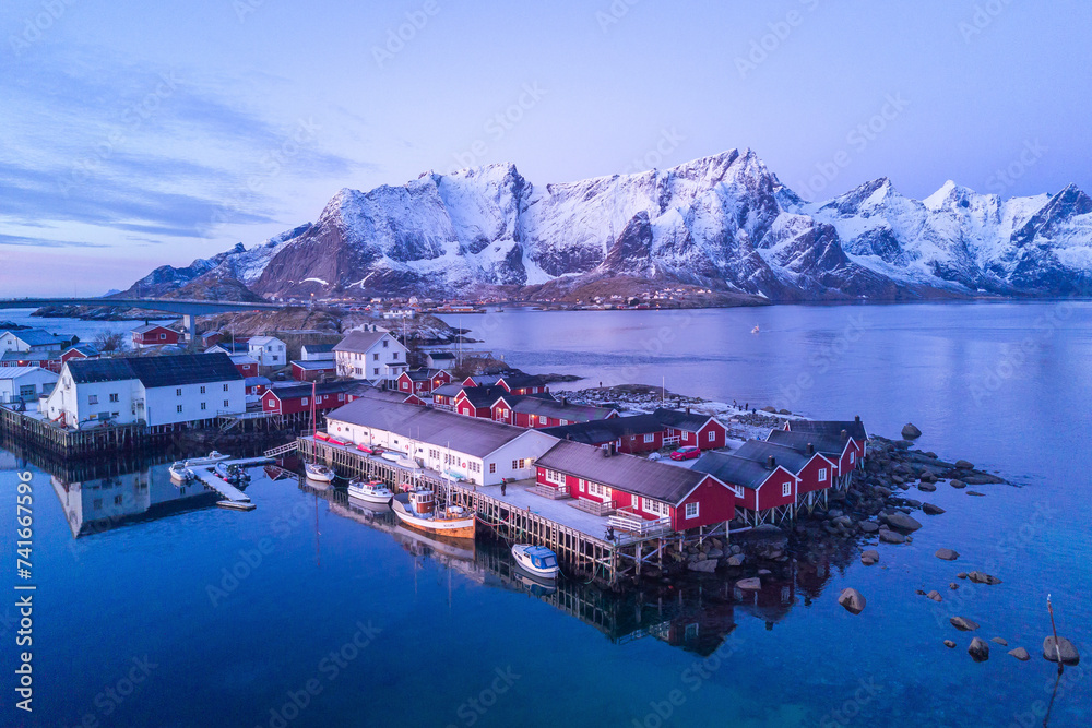 Aerial view of Svolvaer in winter, a small town on the Lofoten Islands ...