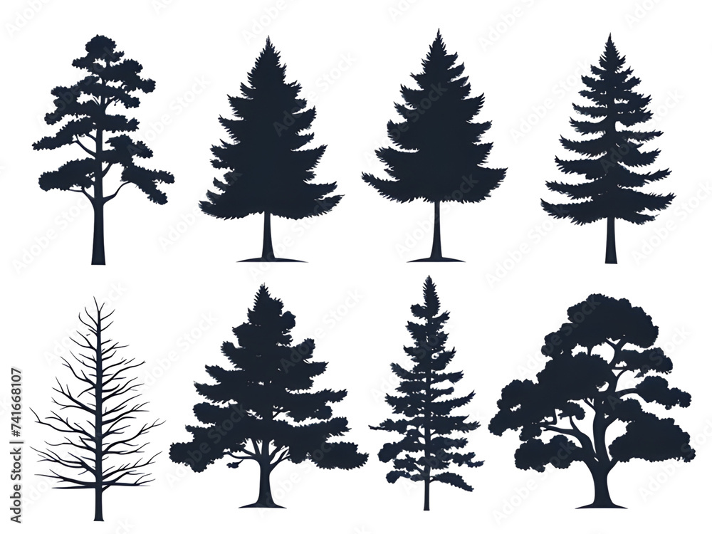 Fototapeta premium Set of silhouettes of trees, bushes and grass 