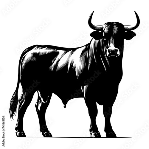 Bull with horns. Aggressive bull standing silhouette vector