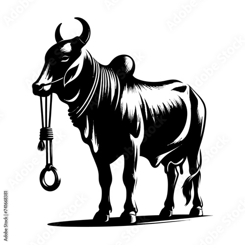 Bull with horns. Aggressive bull standing silhouette vector