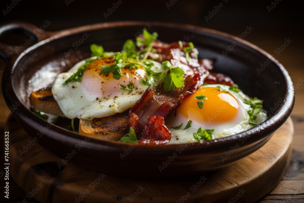 Delicious crispy bacon and eggs sizzling in close up shot, perfect breakfast food