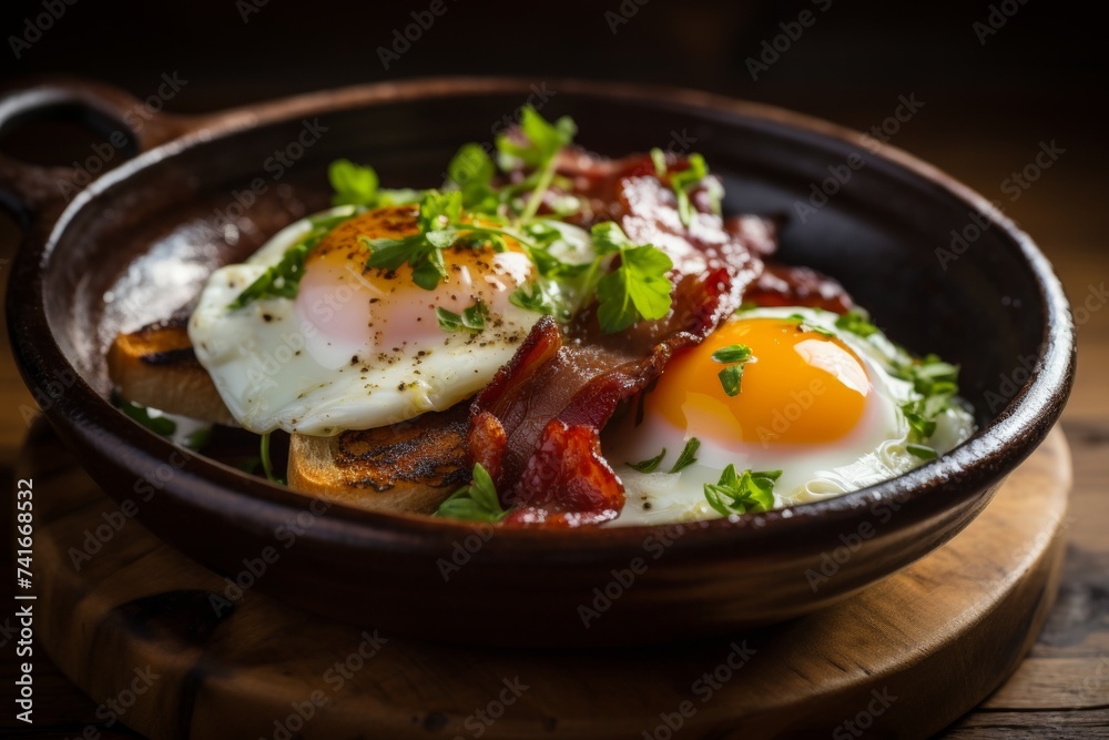 Delicious crispy bacon and eggs sizzling in close up shot, perfect breakfast food Delicious crispy bacon and eggs sizzling in close up shot, perfect breakfast food