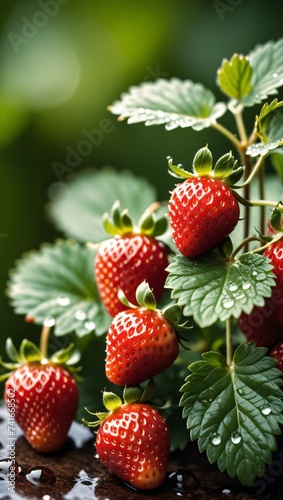 Ripe strawberries and vibrant leaves with sparkling water droplets are resting in a dark bowl.