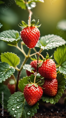 Fresh Strawberries With Dew Drops on a Lush Green Plant in a Ceramic Bowl