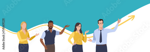 Growth. Profit. Successful strategy. A group of business people pointing at a rising business curve. Business vector illustration.
