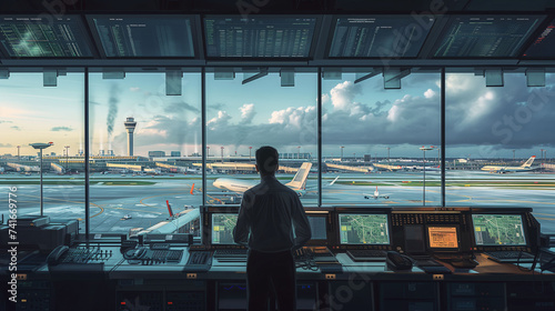 An air traffic controller monitors airplane activity on a bustling airport runway from the control tower at dusk..