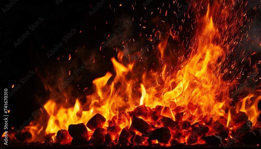 Fire embers particles over black background. Fire sparks background. - obrazy, fototapety, plakaty 