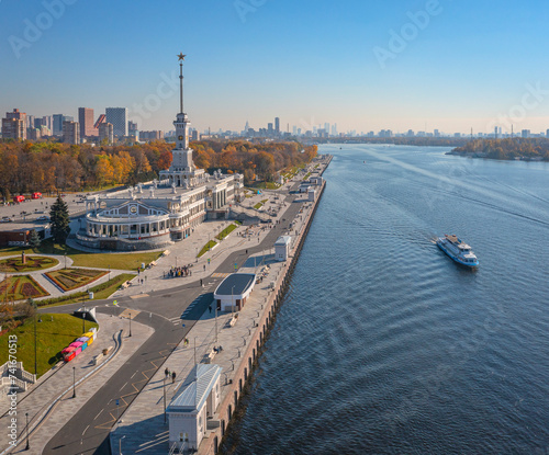 Aerial view of the North River Terminal along the Moscow Canal, Moscow, Russia.