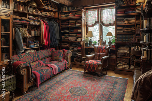 Interior design, spacious well organized garderobe with shelves, cabinets and hanger racks, but and also a room to relax with comfortable sofa, armchair and persian rug on the floor