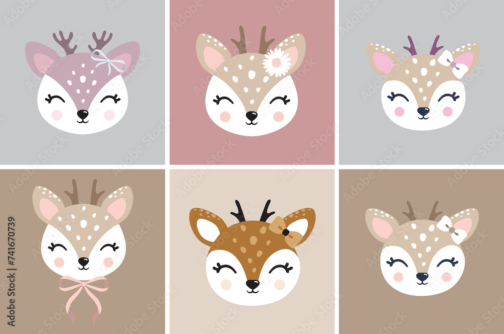 Illustration of cute deer, fawn. Baby, child, cute portrait. Little face, little animal, pet. Brown character, colorful graphic. Stickers, wall art, kids room decoration, cutie full face, small fawn Illustration of cute deer, fawn. Baby, child, cute portrait. Little face, little animal, pet. Brown character, colorful graphic. Stickers, wall art, kids room decoration, cutie full face, small fawn