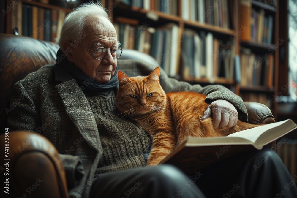 Senior man reads a book comfortably seated on a cozy armchair with a cat napping in his arms, library background