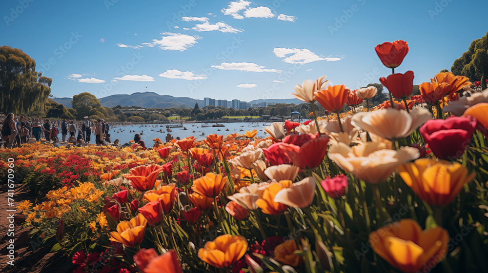 Champs de fleur, de tulipe, au bord d'un lac. Paysage de printanier
