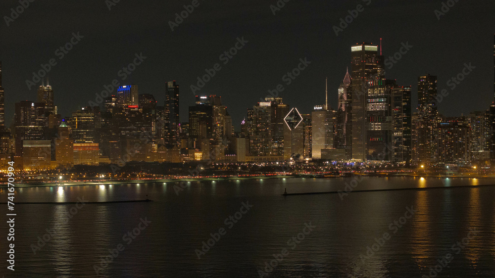 Aerial view of downtown Chicago view of Lake Michigan skyline