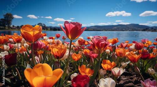 Champs de fleur, de tulipe, au bord d'un lac. Paysage de printanier. Fleurs colorées, ciel bleu. Printemps et été. Pour conception et création graphique photo