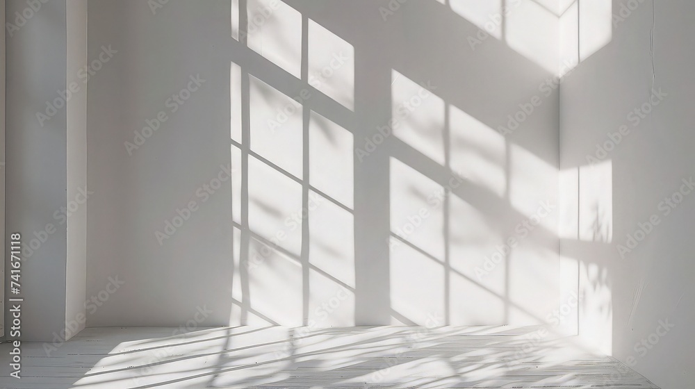 Minimalist Product Presentation. Morning Sunbeams on White Wall Background Minimalist Product Presentation. Morning Sunbeams on White Wall Background