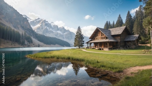 "Solitary Farmhouse: Nestled Amongst Pine Trees at Mountain's Base"