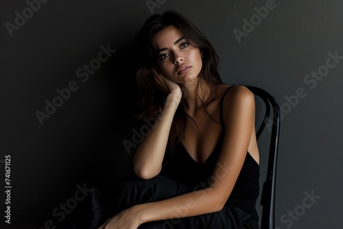model of stunning beauty sitting on a chair posing seductively in front of the camera
