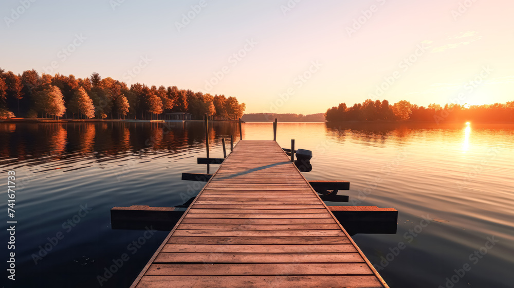 A serene lakeside scene at dusk as smoke drifts over the calm waters - obrazy, fototapety, plakaty 