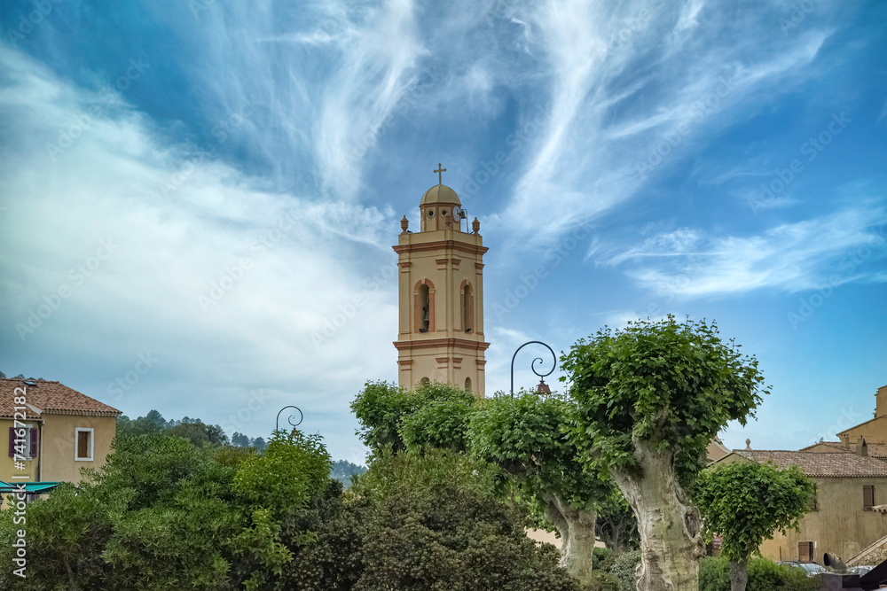 Obraz premium Piana village in Corsica, the church, in a typical street 