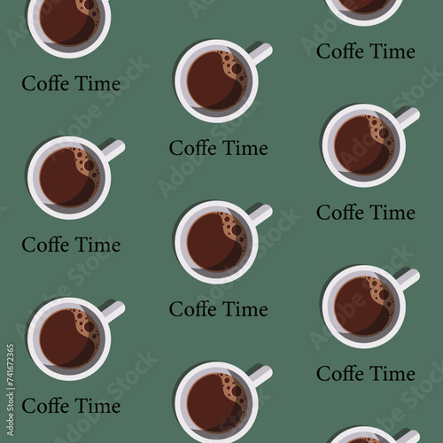seamless pattern a cup of coffee with an inscription, coffee time pattern, a cup of coffee on a green background