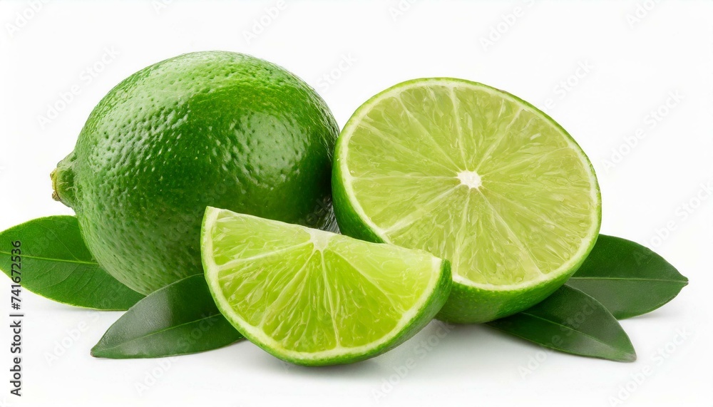 Green lime with cut in half and slices isolated on white background. Green lime with cut in half and slices isolated on white background.