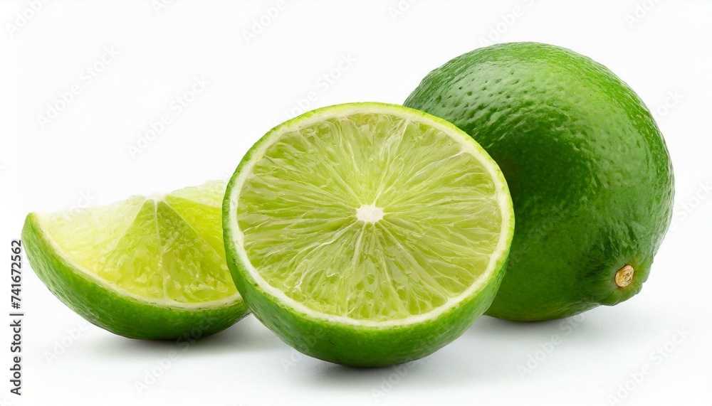 Green lime with cut in half and slices isolated on white background. Green lime with cut in half and slices isolated on white background.