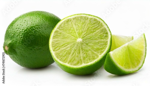 Green lime with cut in half and slices isolated on white background.