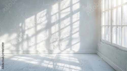 Serene White Wall Illuminated by Morning Light, Casting Subtle Shadows from the Window