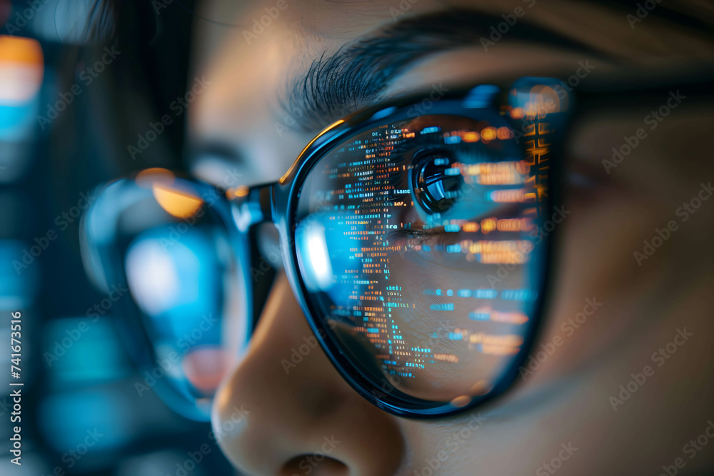 close up eye with glasses, coding reflective glasses, programmer or freelance use AI to help with work in office close up eye with glasses, coding reflective glasses, programmer or freelance use AI to help with work in office