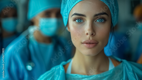 Portrait of a young doctor in the hospital standing with her nursing students, dressed in scrubs, looking to the camera, empty space, blurred background