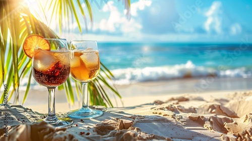 Cocktail glasses sparkled on the sandy beach, catching the last rays of the setting sun as laughter and the sound of waves filled the air, creating a scene of pure relaxation and joy.background.web.