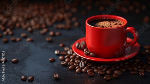 Coffee in a red mug with saucer on a dark background with scattered coffee beans