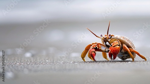 hermit crab scuttled along the sandy beach, its tiny legs carrying it across the grains of sand with purpose. As it traversed the shoreline, the rhythmic sound of the waves provided soothing backdrop. © peerapong