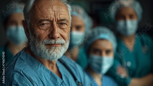 Portrait of an experienced doctor after the surgery in the hospital, dressed in scrubs, looking to the camera, empty space, blurred background, an adult doctor