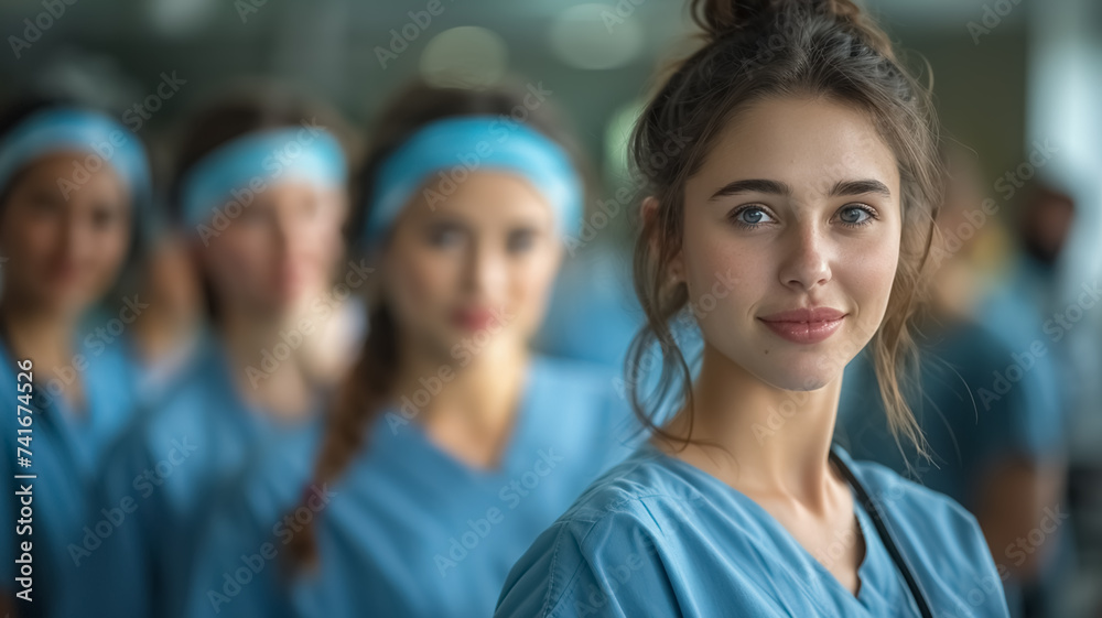 Portrait of a young doctor in the hospital standing with her nursing students, dressed in scrubs, looking to the camera, empty space, blurred background