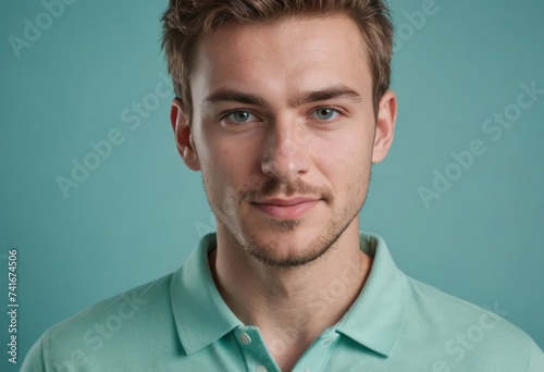 A focused man in a teal polo shirt looking directly at the camera with a calm expression.