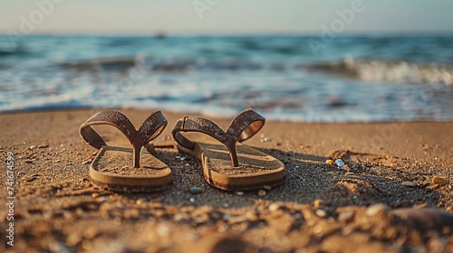 Sandals lie scattered on the sandy beach, abandoned by their owners who have ventured into the gentle waves or strolled along the shore. Each pair tells a story - of carefree walks under the sun.
