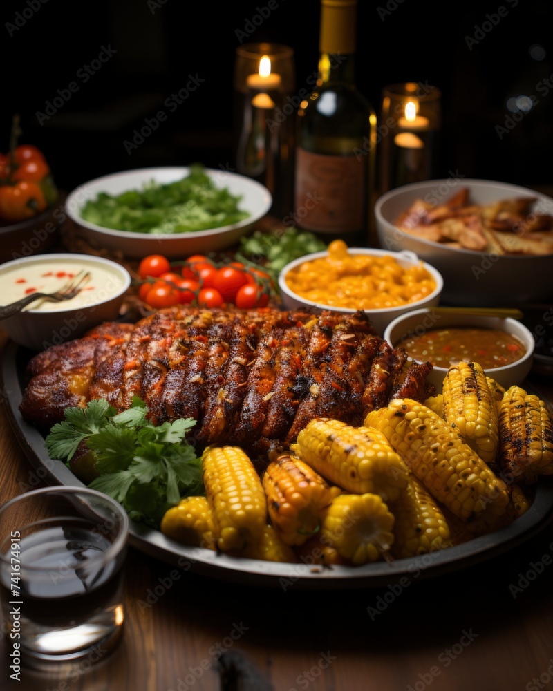 food on the festive table with drinks and candles, Friendsgiving, holiday, party food ideas concept. food on the festive table with drinks and candles, Friendsgiving, holiday, party food ideas concept.
