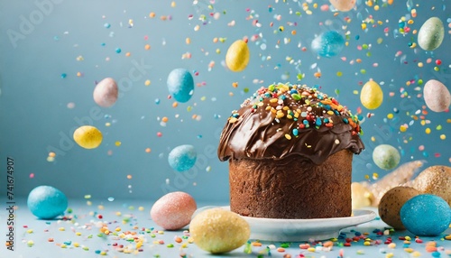 Traditional Easter cake with glossy chocolate frosting and rainbow sprinkles. Floating eggs. Orange rabbit figure on top. Pastel blue background.