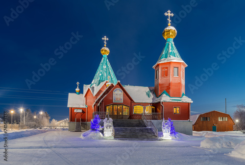 Evening winter view of the Temple of the New Martyrs and Confessors of the Russian Church in the city of Apatity. Murmansk region, Russia
