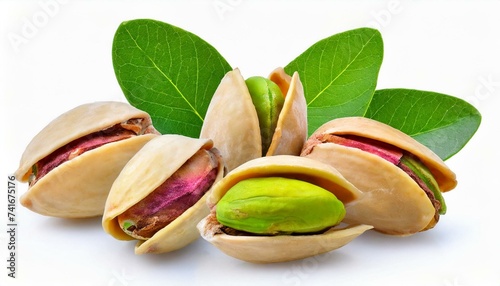 Flat lay of pistachio nuts with leaves on a white background