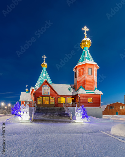 Evening view of the Church of the New Martyrs and Confessors of the Russian Church in the city of Apatity