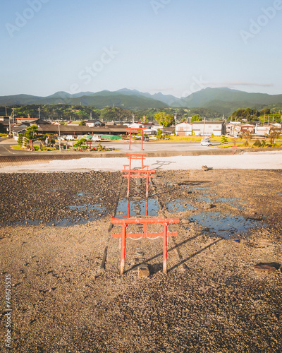 Aerial shot of the Torii Gates of Oouo Shrine, Tara, Saga Prefecture, Kyushu, Japan. photo