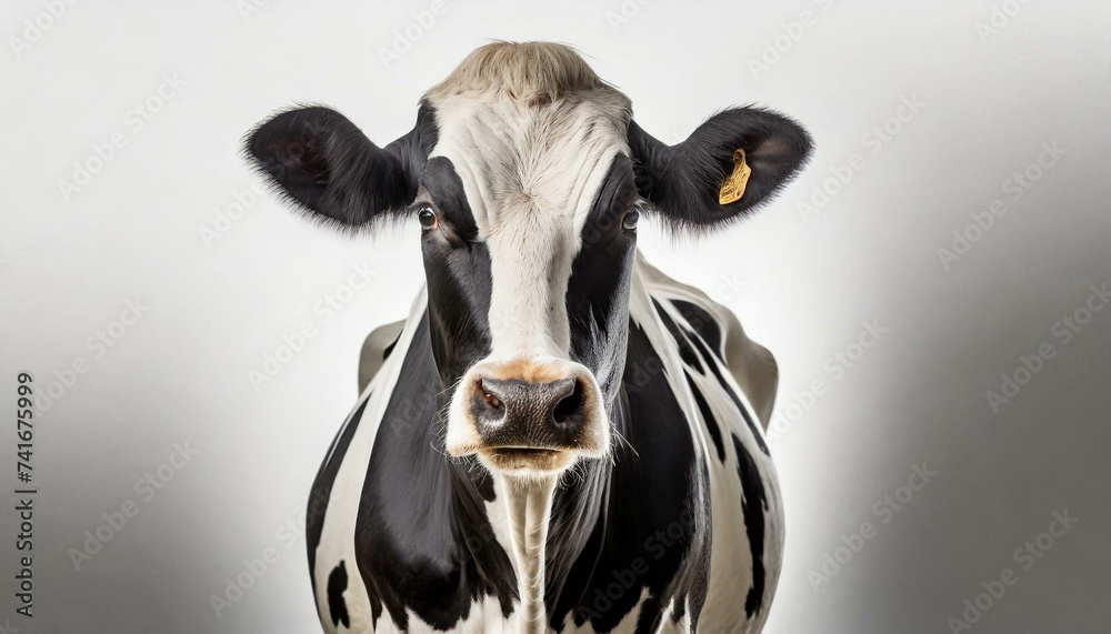 Cow isolated on white, standing upright black and white, full length and front view and copy space Cow isolated on white, standing upright black and white, full length and front view and copy space