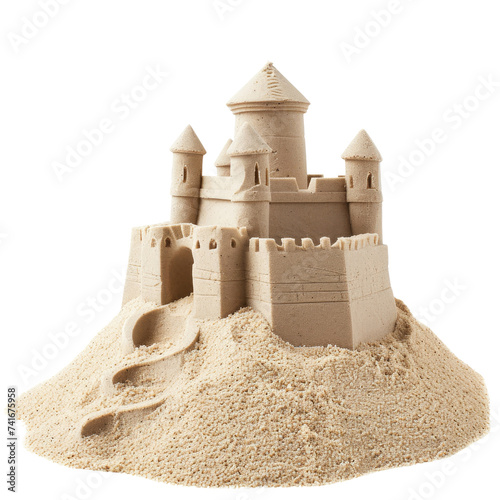 Detailed sandcastle with multiple towers, constructed on a beach photo