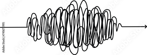 Chaotic line arrow. Doodle chaos simple drawn symbol, confused messy knot tangle scribbled line. Vector isolated. Tangled wires, complicated thoughts, brain confusion, problem solving