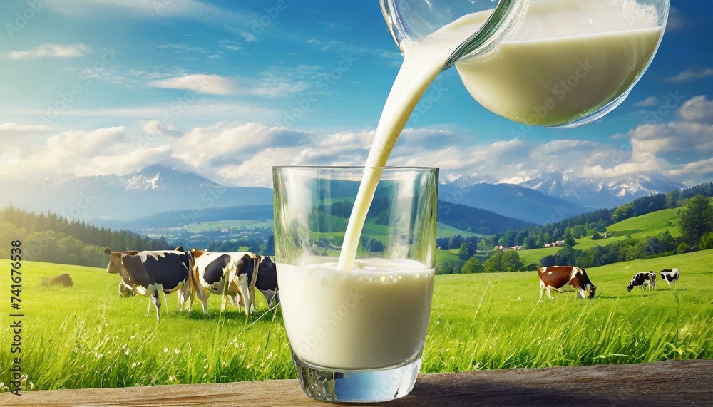 Pouring fresh milk from pitcher into the glass with grass field and cows background	 - obrazy, fototapety, plakaty 