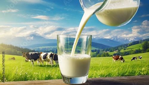 Pouring fresh milk from pitcher into the glass with grass field and cows background	 photo