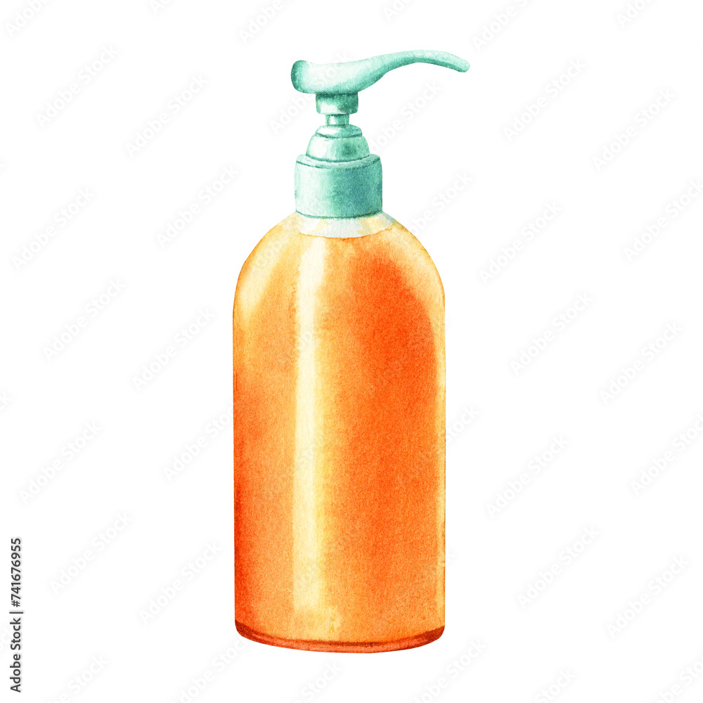 Full dish and hand soap dispenser for kitchen or bathroom. Hand drawn watercolor illustration isolated on white background. For clip art label package Full dish and hand soap dispenser for kitchen or bathroom. Hand drawn watercolor illustration isolated on white background. For clip art label package